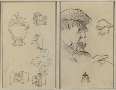 Kannojen ja maljakoiden tutkimukset; Mies viikset ja poika hattu [recto] tekijältä Paul Gauguin