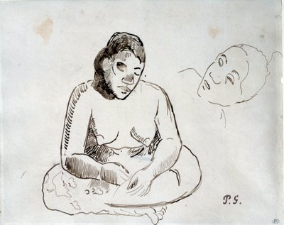 Tahitilainen nainen istuu Paul Gauguinin (1848-1903) mustetutkimus 1800-luvun Pariisi, Louvre tekijältä Paul Gauguin