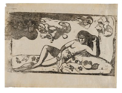 Te arii vahine-opoi (Nainen mangojen kanssa väsyneenä), myöhäisten puupiirrosten sarjaan kuuluvasta sarjasta. tekijältä Paul Gauguin