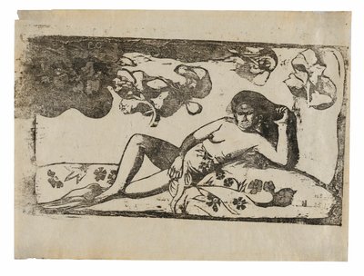 Te arii vahine-opoi (Nainen mangojen kanssa väsyneenä), myöhäisten puupiirrosten sarjaan kuuluvasta sarjasta. tekijältä Paul Gauguin
