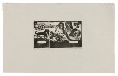 Kolme ihmistä, naamio, kettu ja lintu, Le souriren päähine tekijältä Paul Gauguin