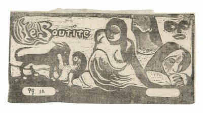 Kolme ihmistä, naamio, kettu ja lintu, Le souriren päähine tekijältä Paul Gauguin