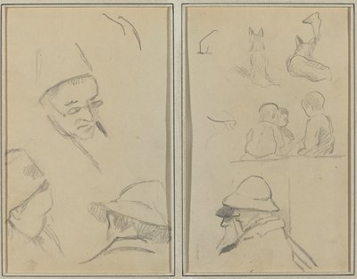 Kolme tutkimusta miesten päistä, yksi silmälasien kanssa; Koirat, lapset ja kaksi parrakasta miestä profiilissa [verso] tekijältä Paul Gauguin