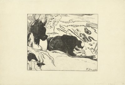 Kaksi pesijaa pesee vaatteita veden lähellä Les Lavandieres tekijältä Paul Gauguin