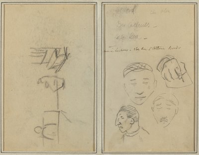 Kaksi hahmoa ja penkki; Kolme tutkimusta miesten päistä ja yhdestä kädestä [recto] tekijältä Paul Gauguin