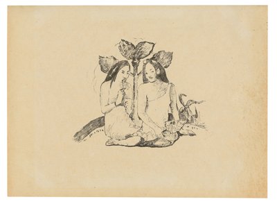 Kaksi maorinaista kyykkyssä tekijältä Paul Gauguin