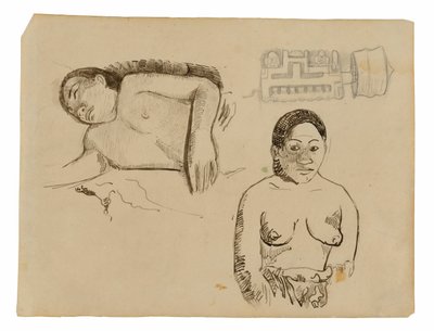 Kaksi tahitilaista naista ja marquesalainen korvatulppa tekijältä Paul Gauguin