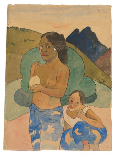 Kaksi tahitilaista naista maisemassa, n. 1892 (akvarelli ja guassi) tekijältä Paul Gauguin