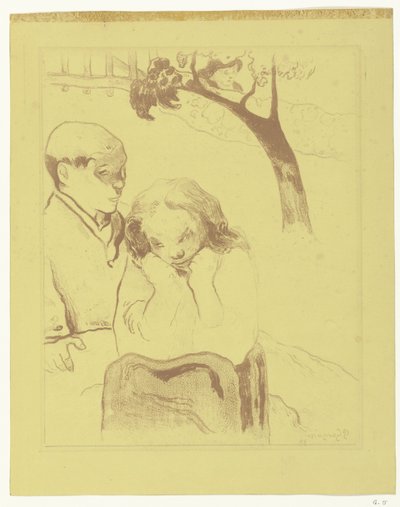 Surullinen nainen istuu miehen kanssa Inhimillinen kärsimys Miseres humaines tekijältä Paul Gauguin