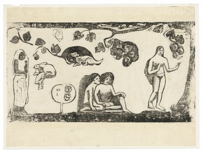 Naiset, eläimet ja lehdet Late Wood Block Prints -sarjasta tekijältä Paul Gauguin