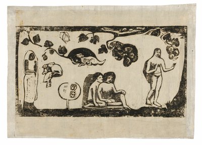 Naiset, eläimet ja lehdet, myöhäisten puupiirrosten sarjasta tekijältä Paul Gauguin