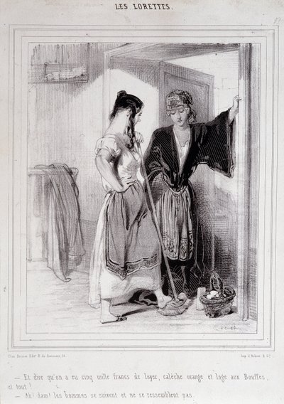 2 köyhää naista keskustelemassa portaissa miehistä, ”Les Lorettes”, Gavarni, n. 1840. tekijältä Paul Gavarni