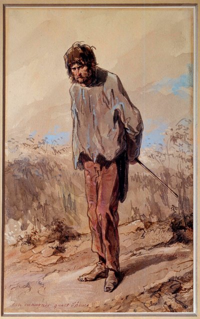 Huono 15 minuuttia Vangilla on hirsipuu. Paul Gavarnin akvarelli ja guassi (1804-1866) tekijältä Paul Gavarni
