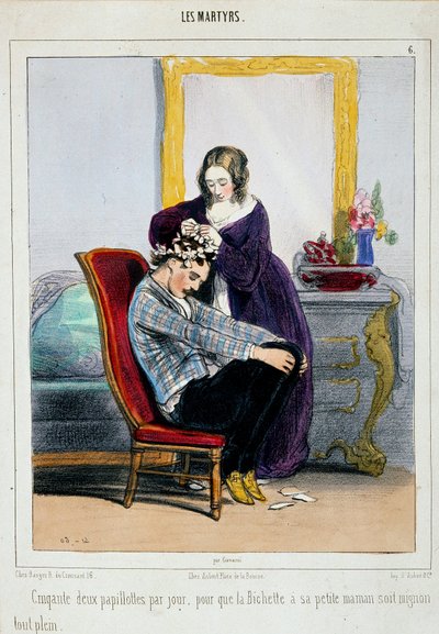 Äiti laittaa kihartimet pojalleen. Paul Gavarnin (1804-1866) sarjakuva 1800-luvun Pariisi, koristetaide tekijältä Paul Gavarni