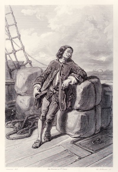Kapteeni Lemuel Gulliver merellä kauppalaivallaan, Jonathan Swiftin teoksen Gullivers Travels ranskalaisesta painoksesta. tekijältä Paul Gavarni
