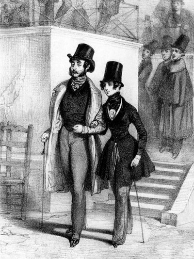 George Sand (r) pukeutunut opiskelijaksi, ja hänen rakastajansa Jules Sandeau Pariisissa, n. 1831, kaiverrus Paul Gavarni (1804-1866) tekijältä Paul Gavarni