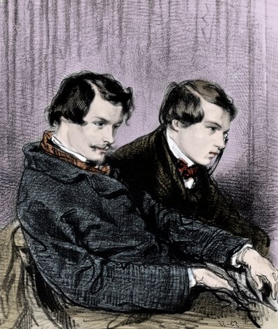 Goncourtin veljekset - Edmond de Goncourt (1822-1886) ja Jules de Goncourt (1830-1870) laatikossa teatterissa tekijältä Paul Gavarni