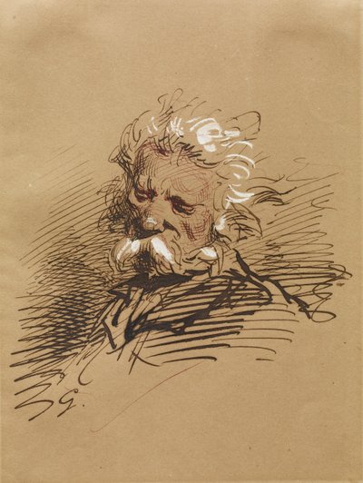 Vanhan miehen pää, n. 1857 (muste korotettu valkoisella paperilla) tekijältä Paul Gavarni