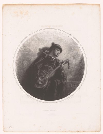 Mies, jolla on banjo, laulaa ja soittaa serenadia Serenade Espagnole (otsikko esineessä) Kuvituksia Jeanne Gavarnin kappaleisiin (sarjan nimi) Illustrations des Mélodies de Madame Jeanne Gavarni (sarjan nimi) tekijältä Paul Gavarni