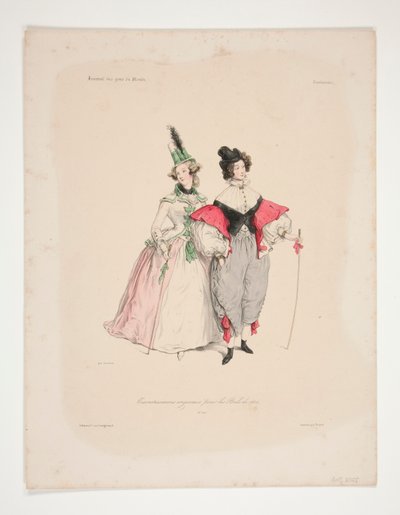 ALKUPERÄINEN TRAVESTISSEMENS (sic) vuoden 1834 palloille. Nro. 2 ja 3. tekijältä Paul Gavarni