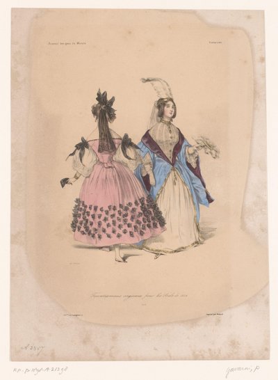 Kaksi naista juhlapukuissa Transvestissemens originaux pour les Bals de 1834 (otsikko esineessä) Mielikuvitukselliset vaatteet (sarjan nimi) Fantaisies (sarjan nimi esineellä) tekijältä Paul Gavarni