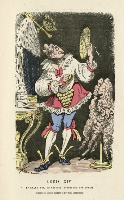 Kuva Hadolista (1835-1875) Histoire de France tintamarresquessa, n. 1880 - Meikki, vanha hallinto, aurinko, peruukki - Louis XIV tekijältä Paul Hadol