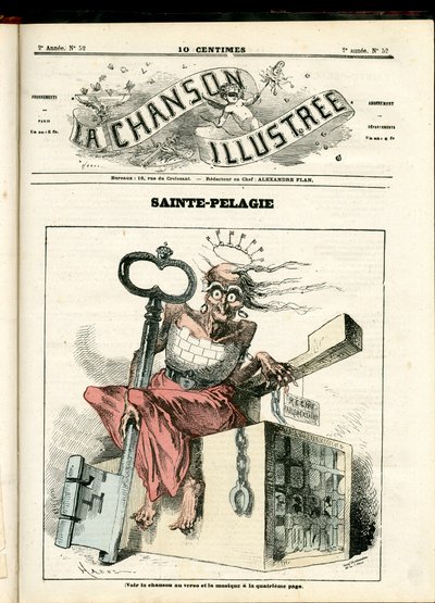 La Chanson illustree (aikakauslehti), numero 52, satiirinen väreissä: Sainte Pelagie - republikaani, vankilat, Sainte Pelagie - kuvitus Hadol (1835-1875) tekijältä Paul Hadol