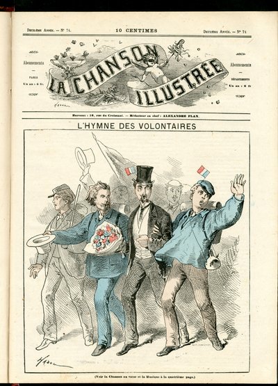 La Chanson illustrée (aikakauslehti), numero 74, Satiirical in Color, noin 1870: Vapaaehtoisten hymni - Sota 1870-1871, Isänmaallisuus - Hadol (1835-1875) kuvitus tekijältä Paul Hadol