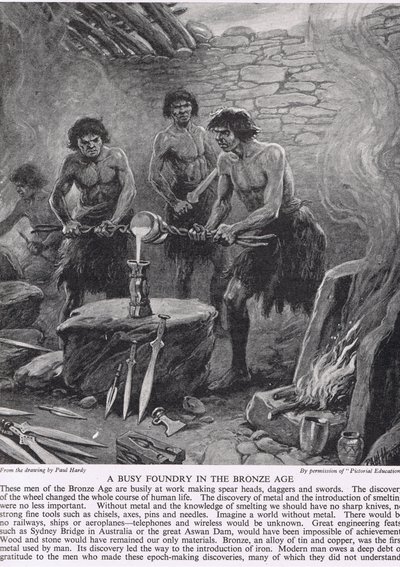 Vilkas valimo pronssikaudella, kuvitus teoksesta The Story of the British People, n. 1950 tekijältä Paul Hardy