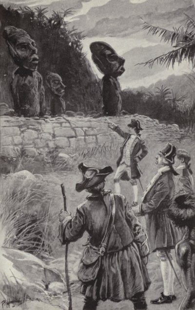 Pääsiäissaaren patsaiden tutkiminen (litho) tekijältä Paul Hardy