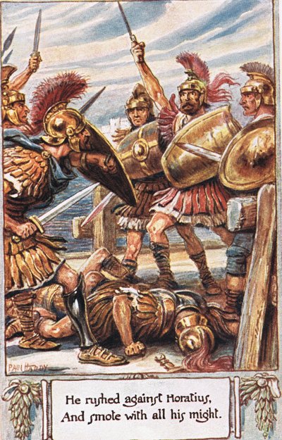 Hän ryntäsi Horatiusta vastaan ja löi hänet kaikin voimin, esimerkki Thomas Babington Macaulayn teoksesta "The Lays of Ancient Rome" tekijältä Paul Hardy