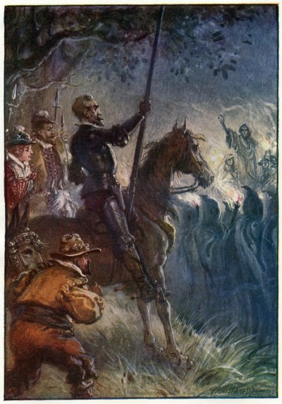 Sitten pukeutunut hahmo nousi seisomaan, kuvitus "Don Quijoten seikkailuista", jonka julkaisija G. Bell und Sons, Ltd., 1911 tekijältä Paul Hardy
