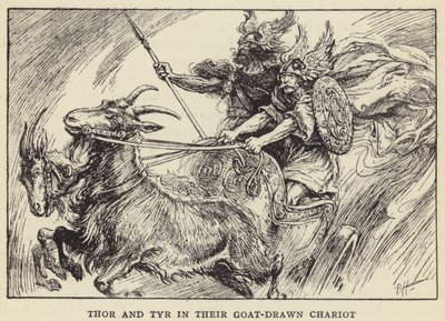Thor ja Tyr vuohen vetämissä vaunuissaan tekijältä Paul Hardy