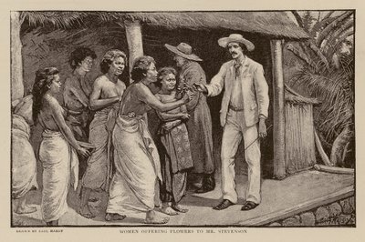 Naiset tarjoavat kukkia Robert Louis Stevensonille (kaiverrus) tekijältä Paul Hardy