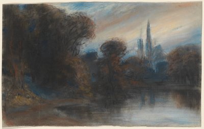 Abbey metsäisen järven rannalla Twilightissa tekijältä Paul Huet