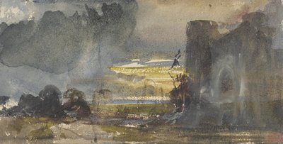 Romanttinen maisema, jossa näkyy linna tekijältä Paul Huet