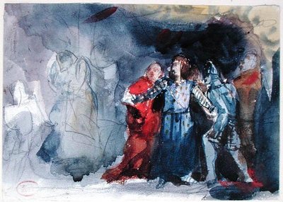 Kuninkaan haamu ilmestyy Hamletille, kohtaus William Shakespearen (1564-1616) Hamletin I näytöksestä (akvarelli paperille) tekijältä Paul Huet