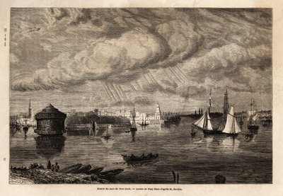 New Yorkin sataman sisäänkäynti, Paul Huetin (1803-1869) piirustus havainnollistamaan L. Devillen matkoja Pohjois-Amerikkaan vuosina 1854-1855. Kaiverrus ”” Le tour du monde”” 1861. Selvan kokoelma. tekijältä Paul Huet
