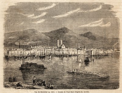 Montrealin näkymä, Paul Huetin (1803-1869) piirustus havainnollistamaan matkoja Pohjois-Amerikkaan vuosina 1854-1855, L. Deville. Kaiverrus ”” Le tour du monde”” 1861. Selvan kokoelma. tekijältä Paul Huet