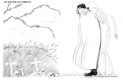 Kuolema kertoi keisari Wilhelmille, että hän ei koskaan syö leipää, joka on valmistettu ranskalaisten sotilaiden ruumiissa ja haudoissa kasvatetusta vehnästä, 13. huhtikuuta 1916 tekijältä Paul Iribe