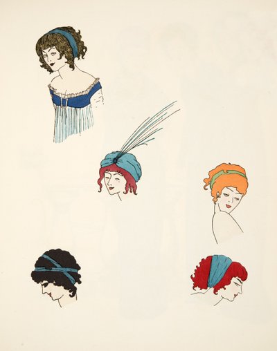 Mallit päähineisiin, Les Robes de Paul Poiret -pubista. 1908 (stensiiliprintti) tekijältä Paul Iribe