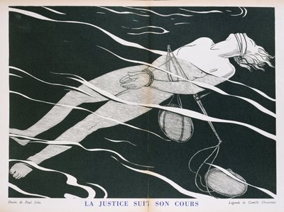 "Justice Follows its Course", karikatyyri oikeusjärjestelmästä, Flouryn julkaisemasta "Parlons Francaisista". 1934 tekijältä Paul Iribe