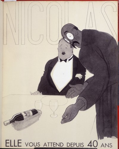 Hän on odottanut sinua 40 vuotta Ravintolan tarjoilija kääntyy asiakkaan puoleen suunnittelemalla viinipullon. - Nicolasin mainos, Paul Iriben (1883-1935) piirustus tekijältä Paul Iribe