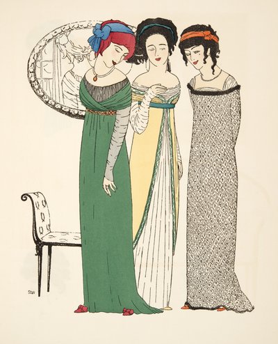 Kolme iltapukua Les Robes de Paul Poiret -pubista. 1908 (stensiiliprintti) tekijältä Paul Iribe