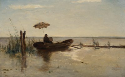 Taidemaalari, mahdollisesti taiteilija W.B. Tholen, töissä punterissa aurinkoisena päivänä (öljy kankaalle) tekijältä Paul Joseph Constantin Gabriel