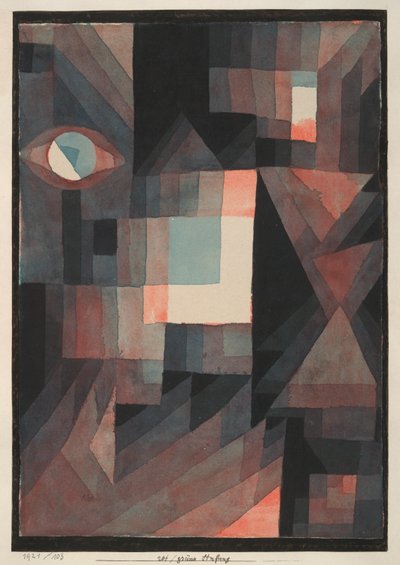 Abstrakti. Punainen/vihreä sävy [jossa cinnibar pystysuorassa muodossa] tekijältä Paul Klee