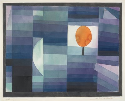 Syksyn sanansaattaja (vihreä / violetti sävy oranssilla aksentilla). 1922 tekijältä Paul Klee
