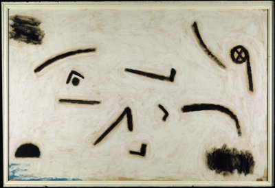 Nimetön (kyltit mustalla taustalla), C.1940 (väri ja liima paperille) tekijältä Paul Klee