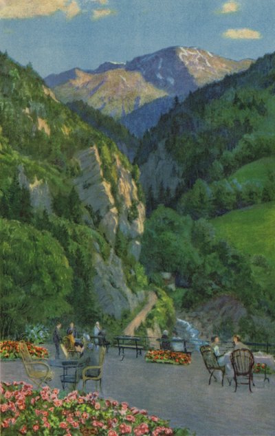 Sveitsin kylpylät: Passugg, Kurhaus Garden Terrace (väri litho) tekijältä Paul Kutscha