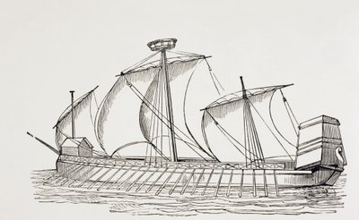 16th Century Kolmimastoinen kaleeri, jossa on neliöpurjeet. tekijältä Paul Lacroix